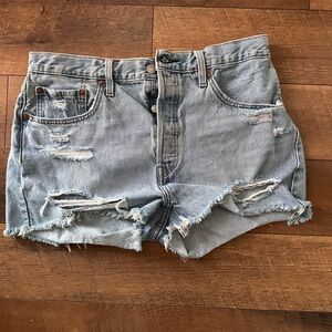 Distressed Levi 501 Light Blue Denim Shorts
